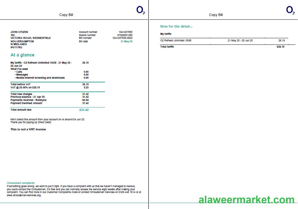 USA O2 utility bill template in Word and PDF formats, 2 pages, version 2